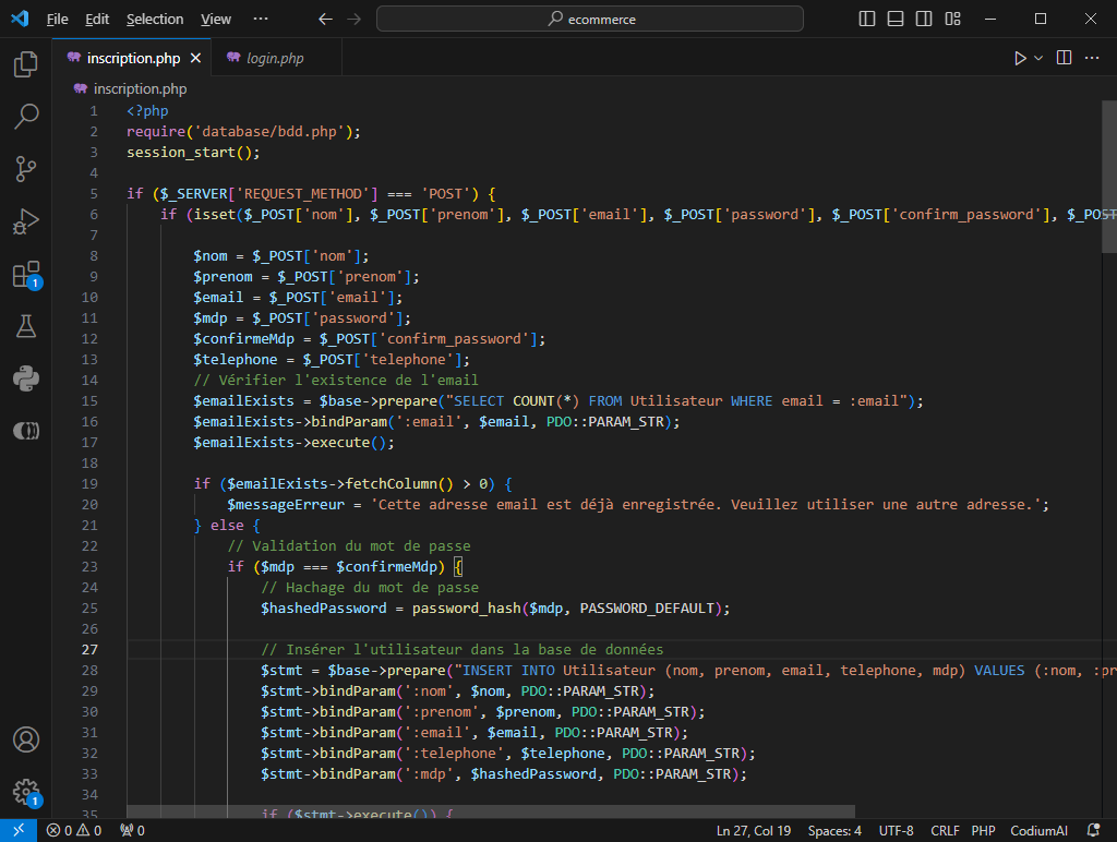 Formulaire d'inscription et validation